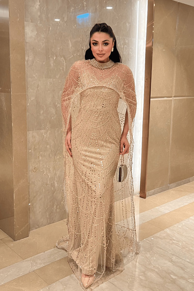 giyimmasalı Full Boncuklu Kumaş Pelerin Detaylı Abiye Elbise - GOLD