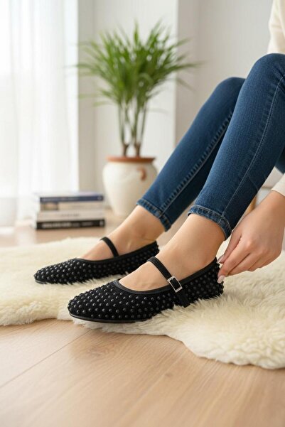 redtan Women's Black Stone Suede Ballerinas with Single Strap, Stylish Model,...