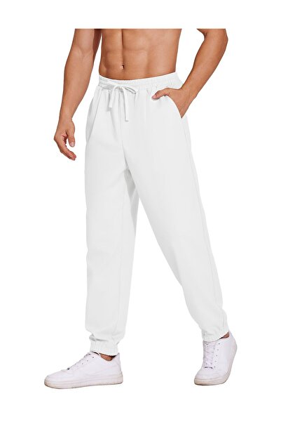 COOFANDY Men's linen pants, with drawstring, pockets, loose, white, M