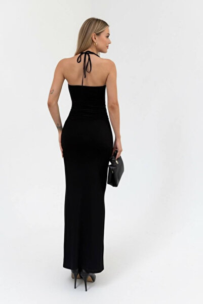 DIANNA Women's Black Long Dress with Collar and Moon Accessories