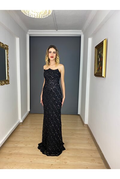 gökkuşagı moda Siyah Straplez pul Payet Balık Uzun Abiye Elbise
