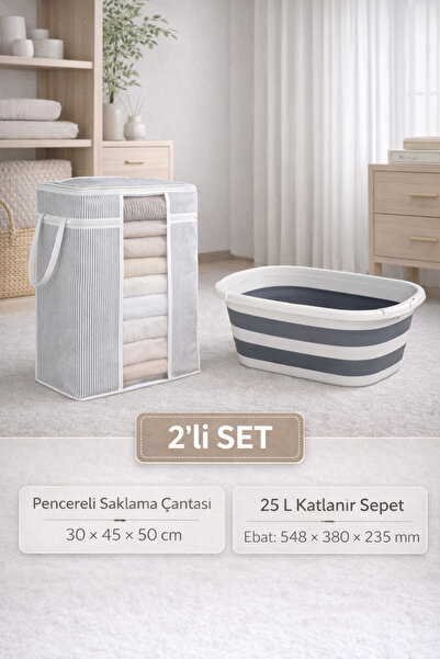 PONÇİK BEBEK 2'li Set Pencereli Kıyafet Saklama Düzenleme Çantası & 25 Lt Kıy...