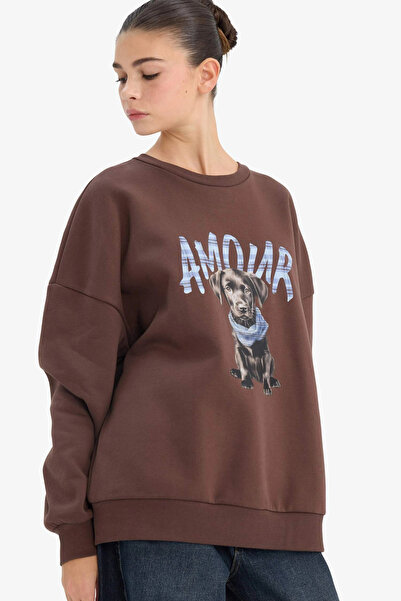 DeFacto G6890Axbn1 Brown Oversize Printed Sweatshirt