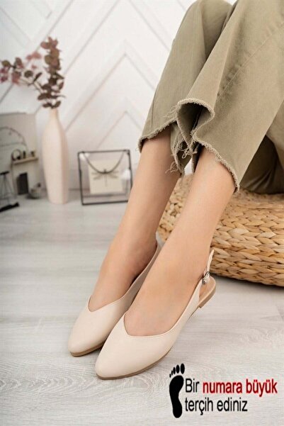 Difolia Γυναικείες κρεμ δερμάτινες μπαλαρίνες με ανοιχτή πλάτη και μυτερή μύτ...