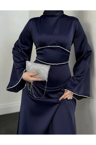 noyacollection Kol ve Beli İnci Taş Detaylı Volan Kol Saten Tesettür Abiye