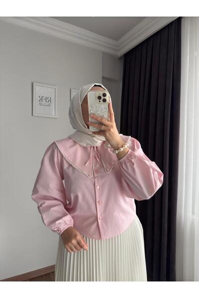 RFK Butik Kadın Bebe Yaka Incili Etek Üstü Tasarım Gömlek - Pembe
