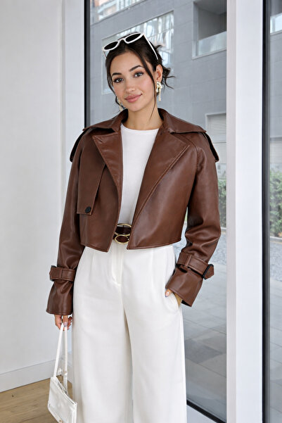 DİĞER1111 Deri Kol Ucu Kemer Detaylı Kadın Crop Deri Ceket