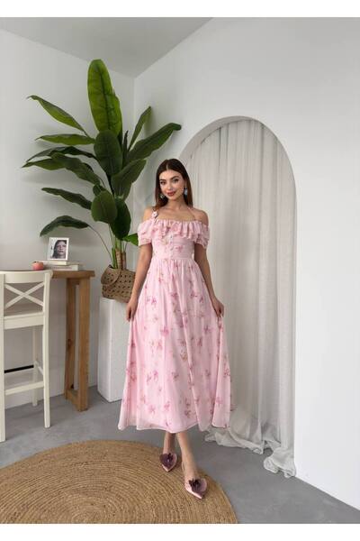 EtikaOnline Olga Çiçek Desenli Tasarım Şifon Uzun Elbise