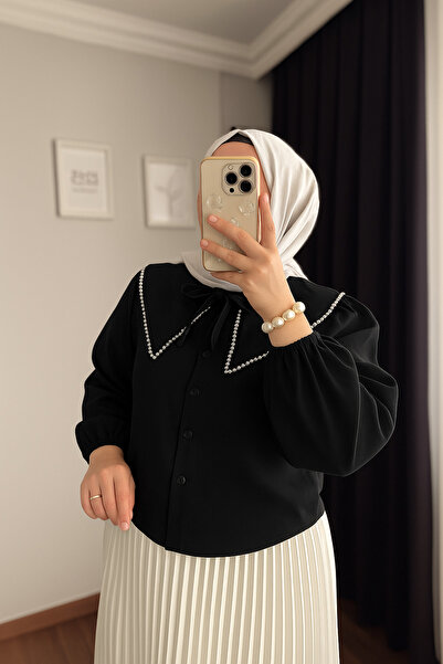 RFK Butik Kadın Bebe Yaka Incili Etek Üstü Tasarım Gömlek - Siyah