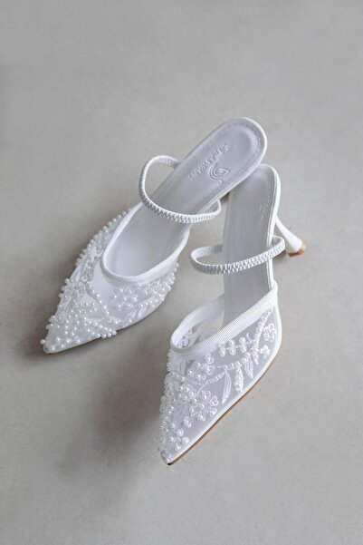 STRASWANS Pantofi cu toc cu detaliu din plasă pentru femei Isla, albi