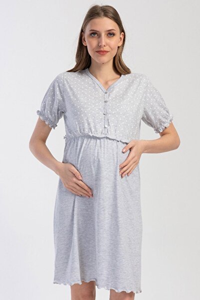 VİENETTA Women's Short Sleeve Buttoned Light Gray Maternity Nightgown C7T7N2304
