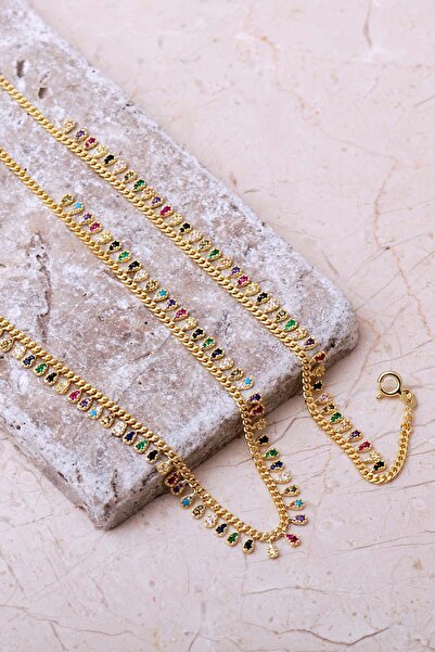 Sümer Telkari Gurmet Mix Taşlı Damla Altın Kaplama 925 Ayar Gümüş Kolye Bilek...