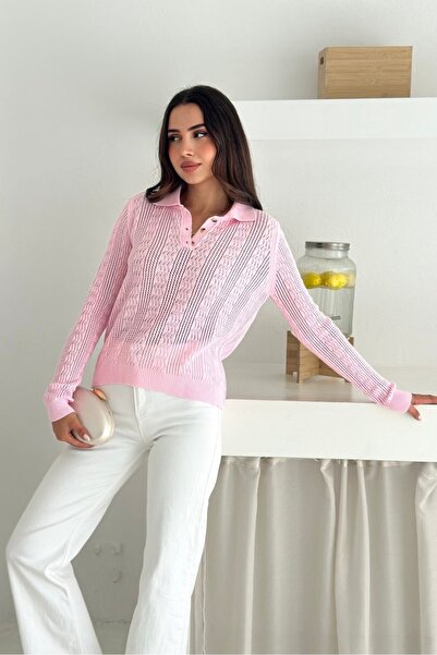 Noi Belis Polo Collar Perforated Half Placket Buttoned Knitwear Blouse Aw25Bz...