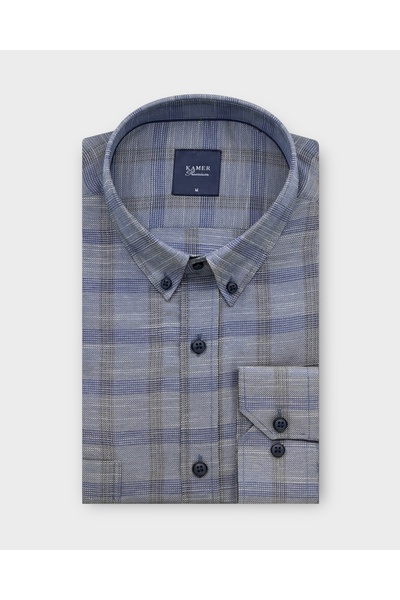 KAMER Regular Fit Long Sleeve Buttoned Collar Double Pocket Plaid Gray Shirt ...