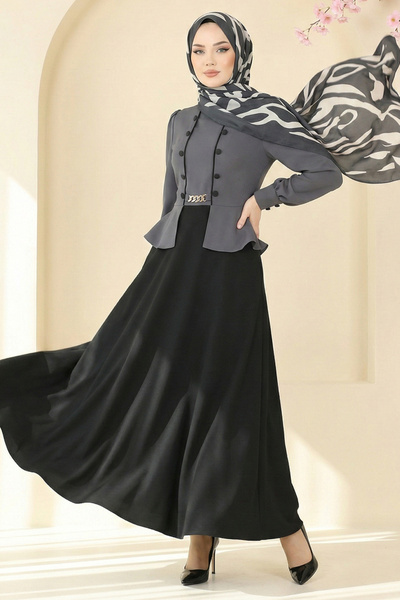 ModaMerve Aksesuar Düğmeli Dabıl Elbise 2810SL432-MS Antrasit