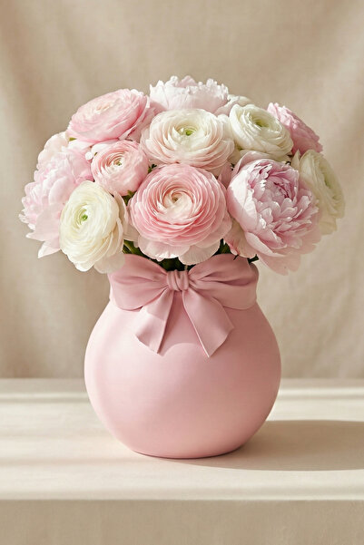 ENG.CO مزهرية على شكل كرة بلون وردي فاتح مع تفاصيل شريطية - مزهرية زهور قصيرة...