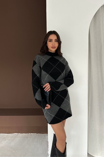 Noi Belis Plaid Patterned Mini Length High Neck Knitwear Dress Aw25El0030