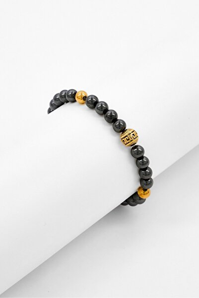 Steeltime Men Greek Key Accented Beaded Bracelet, Dark Grey