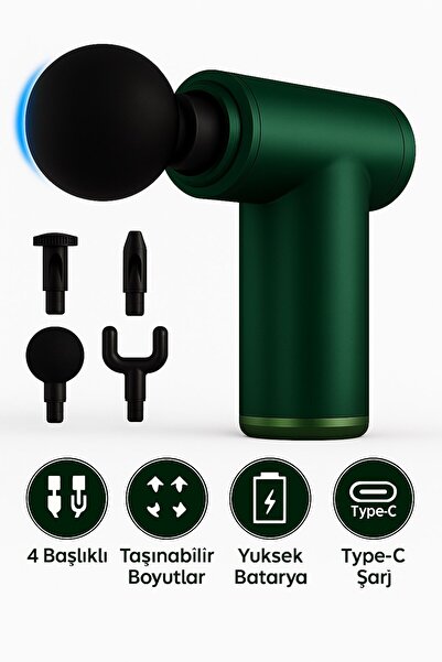 JASPER Yeşil 6 Hız Kademeli 4 Başlıklı Masaj Tabancası Masaj Aleti Şarjlı Tit...