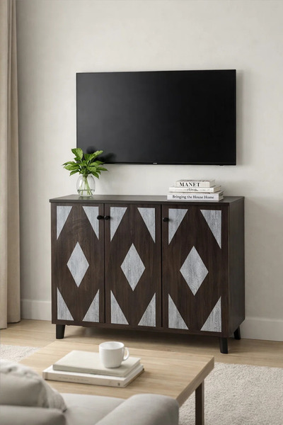 MARIA HOMES Elegant Dark Brown TV Table Console with Diamond Pattern Doors an...