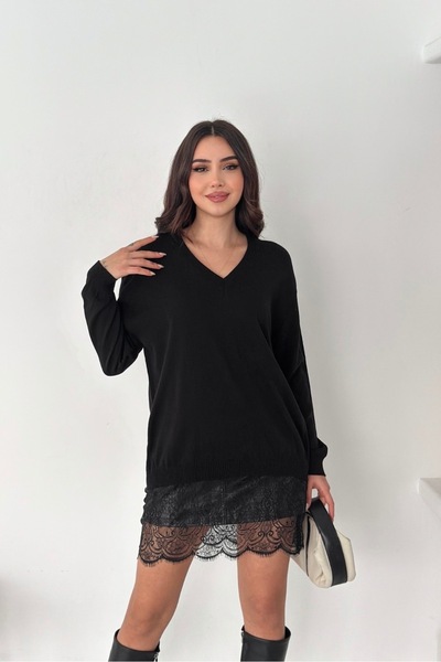 Noi Belis Oversize Lace Detailed V-Neck Knitwear Sweater Aw25Kz0132