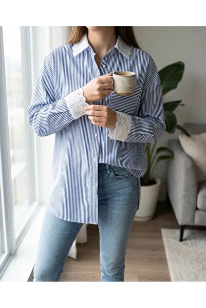 Suem Butik Bebe Yaka Kolları Dantelli Çizgili Oversize Gömlek