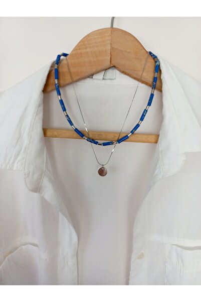 LemaStone قلادة بسلسلة مزدوجة من الحجر الطبيعي الأزرق والهيماتيت الرمادي