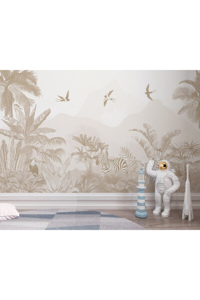 Grown Bej Safari Tropikal Zebra Çocuk Odası Duvar Kağıdı