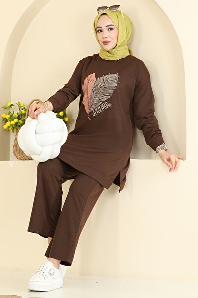 ModaMerve Baskı Detaylı İki İplik Takım 8040UZ662-MS Kahve