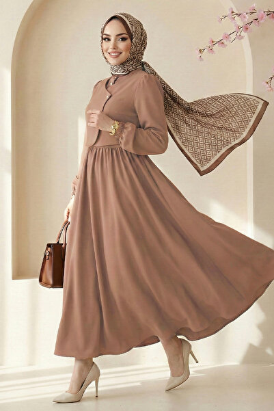 ModaMerve Asimetrik Düğmeli Dabıl Elbise 2805SL432-MS Koyu Vizyon