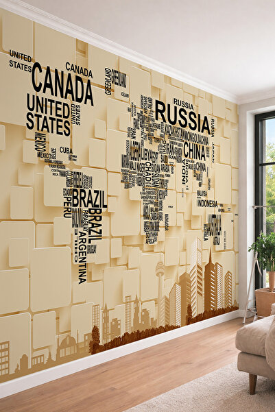 dreamwall 3D Görünümlü Tipografik Dünya Haritası - Modern Tasarım Tek Parça T...