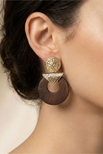 Osha Aksesuar أقراط نسائية على الطراز البوهيمي من المعدن الذهبي والخشب الحقيقي