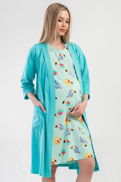 VİENETTA Women's Maternity Nightgown and Dressing Gown Set 100% Cotton Turquo...