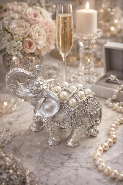 Hd Marketim Gümüş Renk İnci Süslemeli Fil Biblo 10 cm – Dekoratif Masa Üstü A...