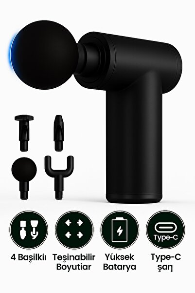 JASPER Siyah 6 Hız Kademeli 4 Başlıklı Masaj Tabancası Masaj Aleti Şarjlı Tit...