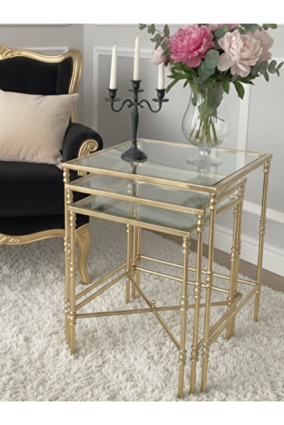 Tutku Torna Detaylı 3'lü Zigon Sehpa Parlak Gold