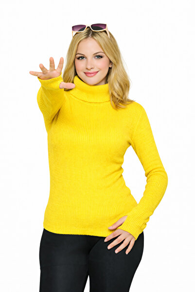 MODASPARK Yellow Turtleneck Finger Detailed Premium Savior Body Sweater