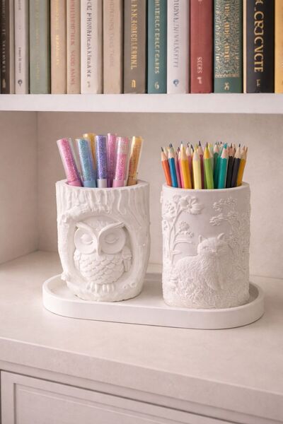 LİZA HOME DECORATION Baykuş & Kedi Kabartmalı Dekoratif Kalemlik – Makyaj Fır...