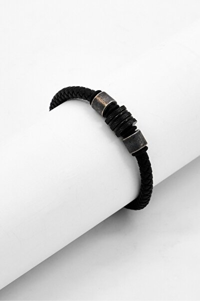 Steeltime Men Black Braided Leather and Black IP Stainless Steel Beads Bracel...