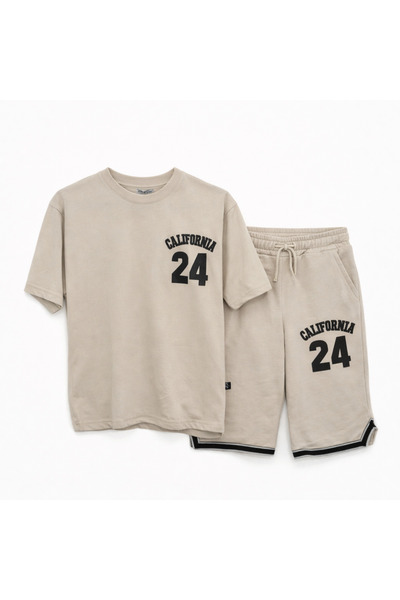 Mamboo Summer outfit for boy 10-13 years old with t-shirt and shorts, cream -...