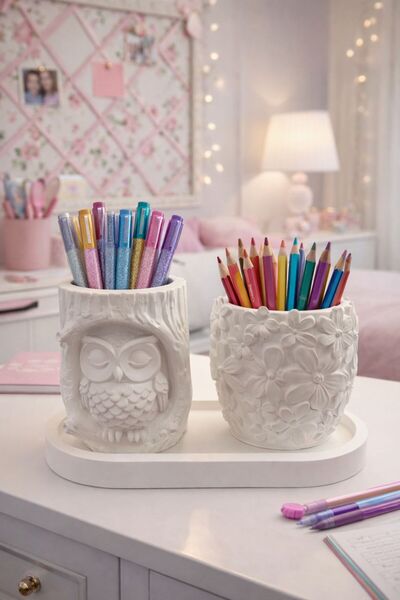 LİZA HOME DECORATION Baykuş & Çiçek Kabartmalı Dekoratif Kalemlik – Makyaj Fı...