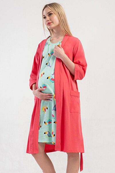 VİENETTA Women's Maternity Nightgown and Dressing Gown Set 100% Cotton Fuchsi...