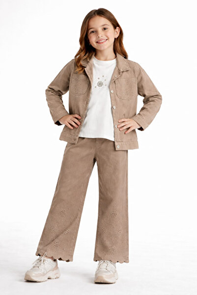 İrem Çocuk Giyim Girl's Stone and Embroidery Detailed Gabardine Fabric Jacket...