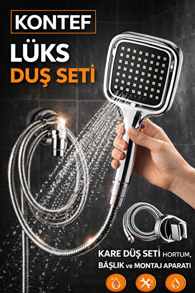 KONTEF Kare Duş Seti Hortum Başlık Montaj 3Lü