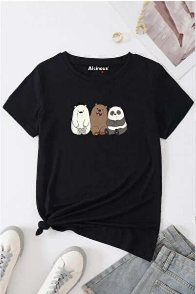 ALCİNOUS UNISEX ΒΑΜΒΑΚΙΝΟ OVERSIZE ΜΑΥΡΟ T-SHIRT ΜΕ ΣΤΑΜΠΑ ΚΑΙ ΚΟΝΤΑ ΜΑΝΙΚΙΑ