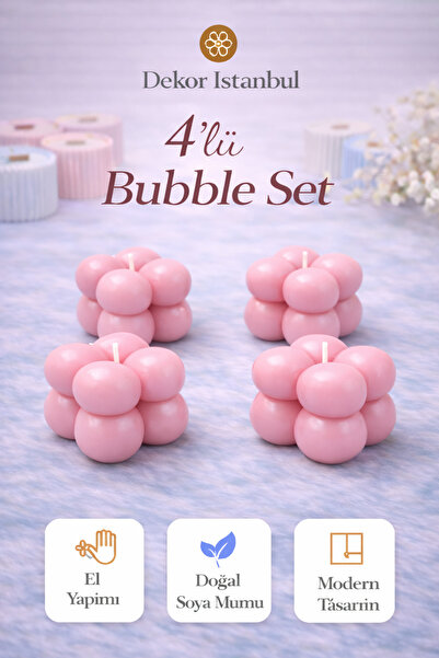 Dekor İstanbul Bubble Mum 4’lü Set Pembe | El Yapımı Doğal Soya Mumu | Dekora...