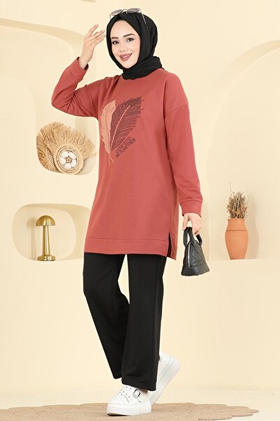 ModaMerve Baskı Detaylı İki İplik Takım 8040UZ662-MS Kiremit&Siyah