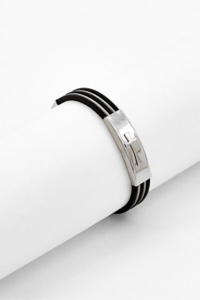 Steeltime Men Rubber Bracelet With Cable Wire And Cross Design, Black