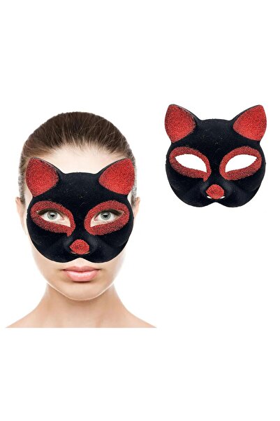 Skygo Black Color Red Glitter Suede Coated Cat Mask 18x14 cm