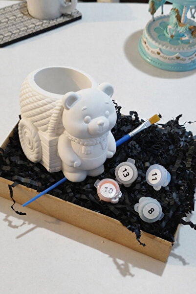 Denic Tasarım Taş Boyama Seti-Arabalı Ayıcık -Fırça- Kalemlik-Biblo- Çok amaç...